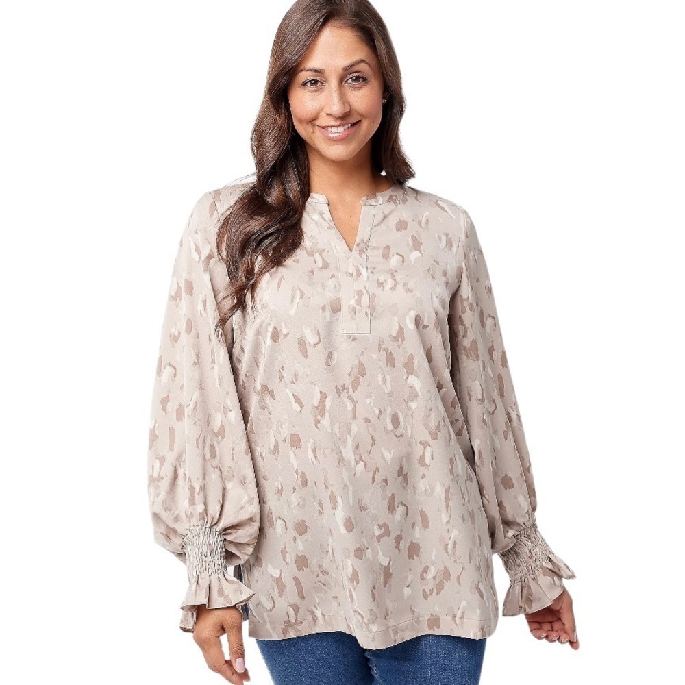 Dennis Basso Smocked Cuff Tunic Blouse Women’s Large Beige Tan Patterned